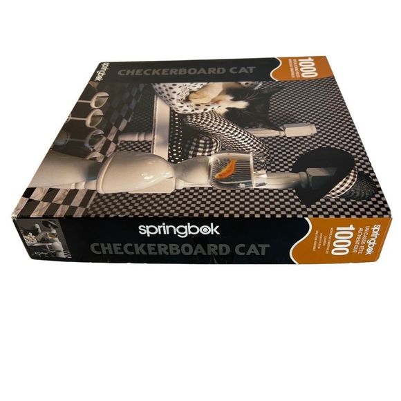 Springbok 1000 Piece Jigsaw Puzzle Checkerboard‎ Cat 2006 Black White Kitty Fish - Picture 5 of 9